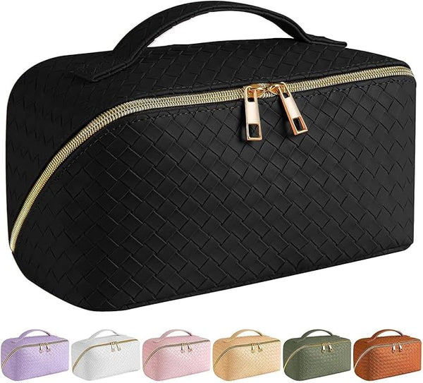 DIADIA custom bag factory Large Capacity Travel Cosmetic Bag - Makeup Bag, PU Leather Waterproof Cosmetic Bag, Women Portable Travel Makeup Bag With Handle and Divider Flat Lay Makeup Organizer Bag, Black, Fashion