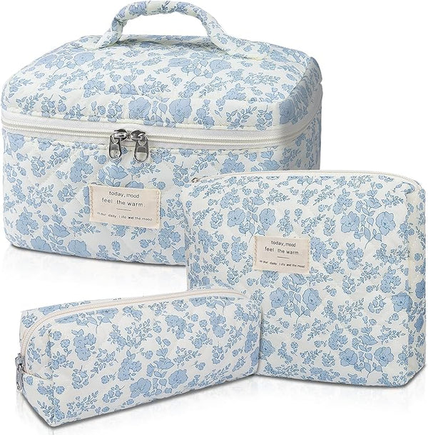 DIADIA Custom Logo Quilted Makeup Bag, Large Floral Cosmetic Bag for Women, Cute Cotton Makeup Bags, Flower Travel Toiletry Organizer Bag