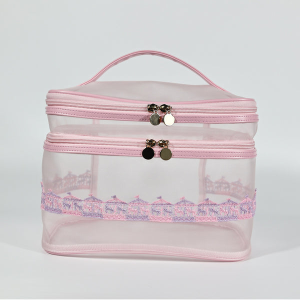 DIADIA custom mesh Clear Toiletry Bag, Transparent Travel Toiletries Organizer, Large Opening Cute Travel Makeup Bag, Portable Large Capacity Travel Essentials for Women (pink))